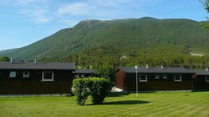 A row of cabins with a mountain in the background.