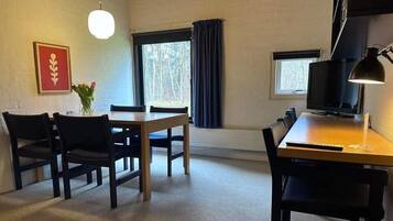 A room with a dining table, chairs, a TV, and a window with curtains.