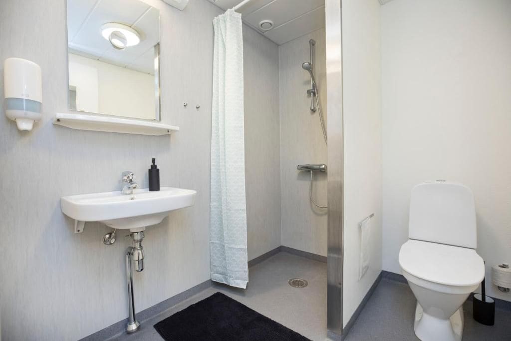 Een badkamer met een witte wastafel, een toilet en een douche.