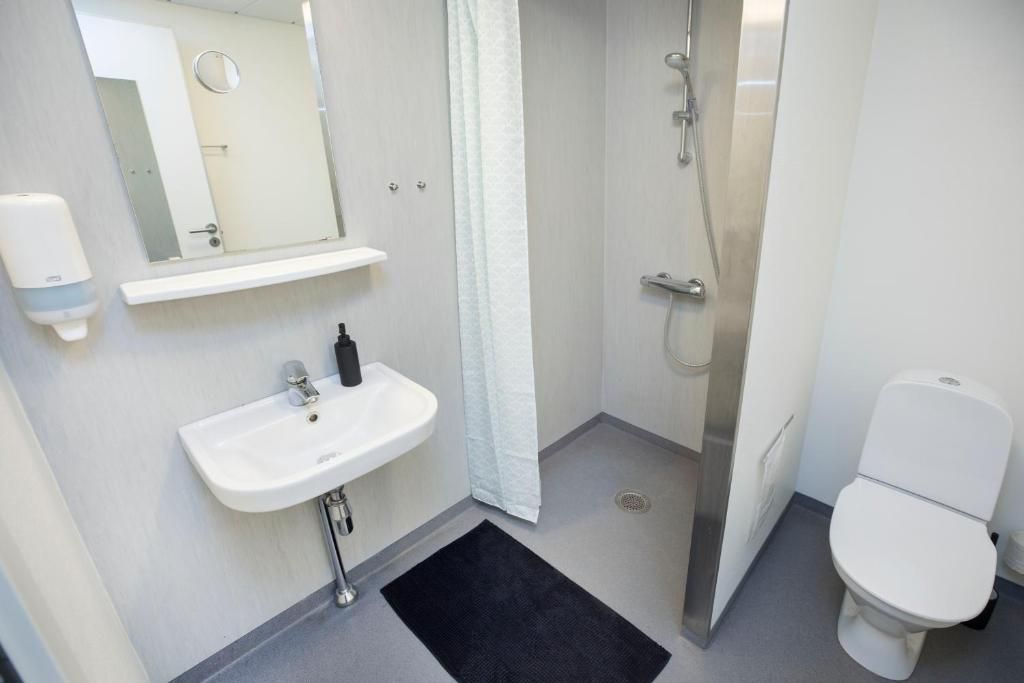 A bathroom with a white sink, a toilet, and a shower.