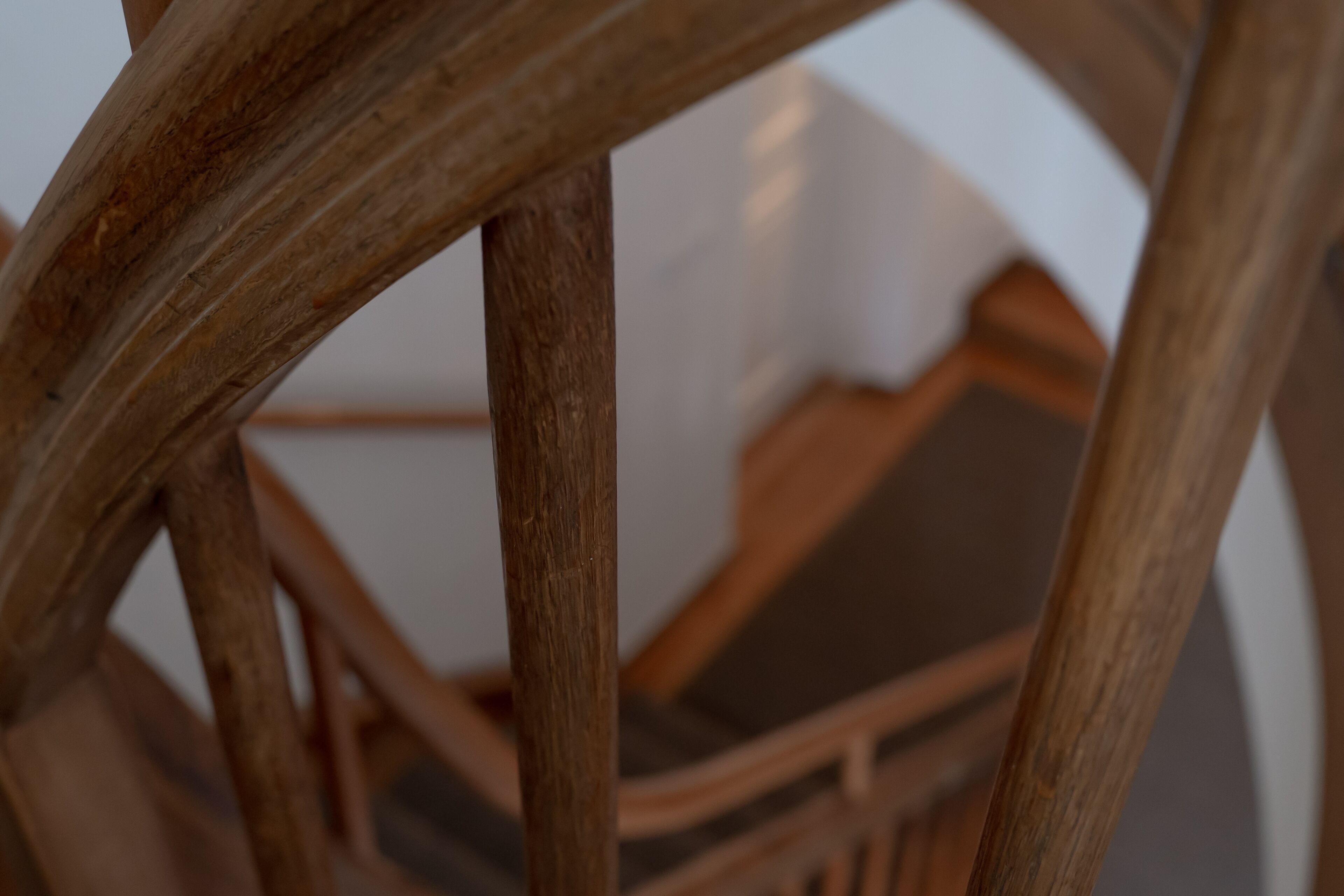 Primer plano de una silla de madera con respaldo curvo y asiento acolchado.