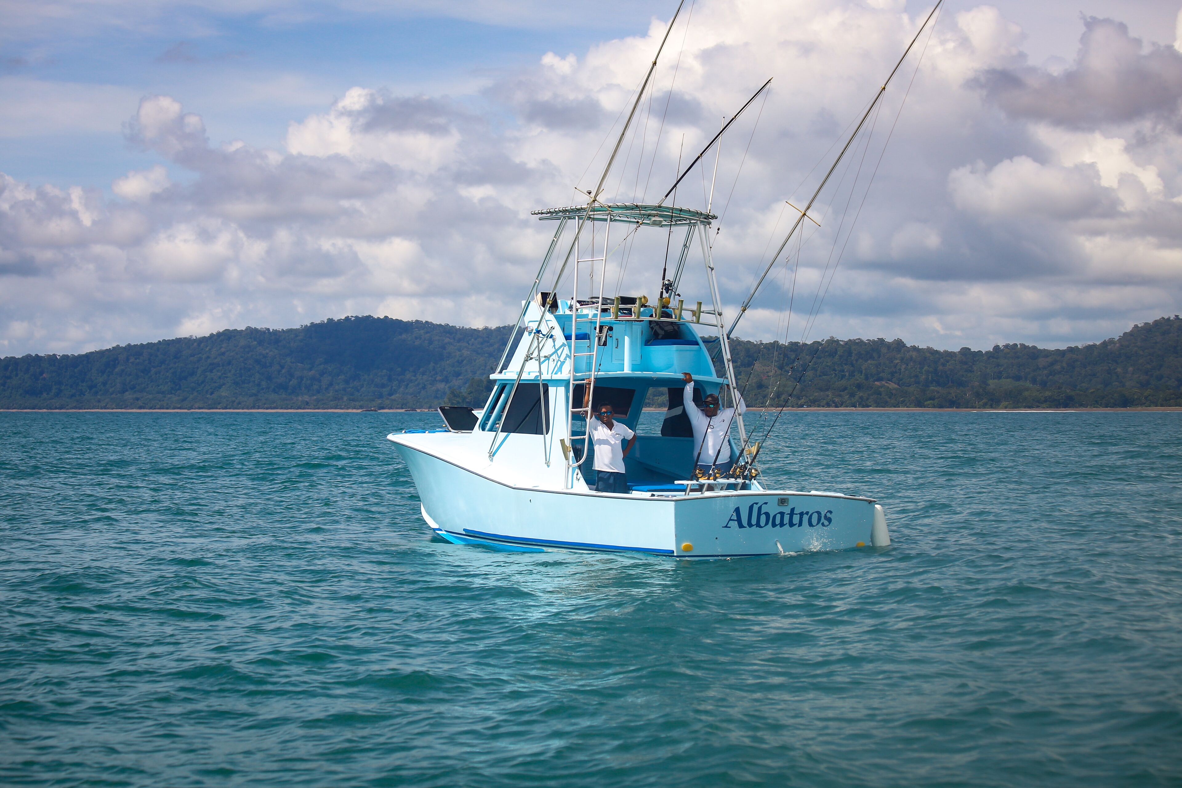 Un bateau nommé « Albatros » navigue sur des eaux calmes, avec une île boisée en arrière-plan.