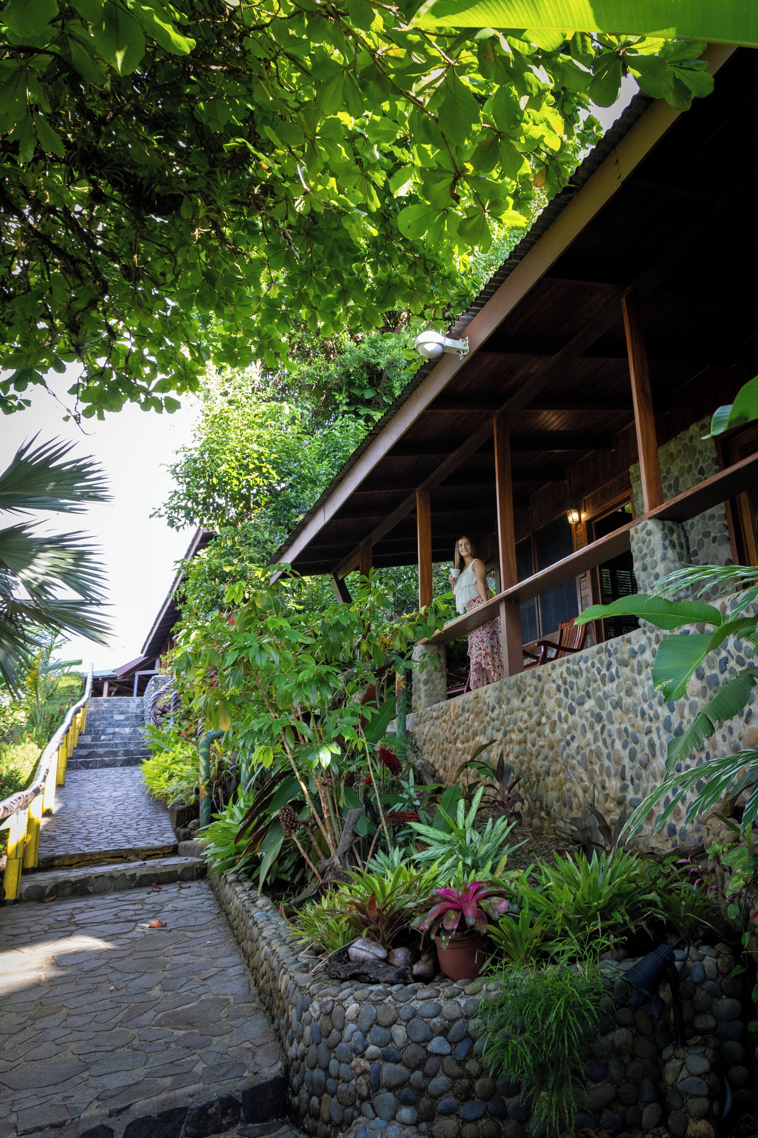 A stone pathway leading to a wooden structure with a covered porch, surrounded by lush greenery and potted plants.