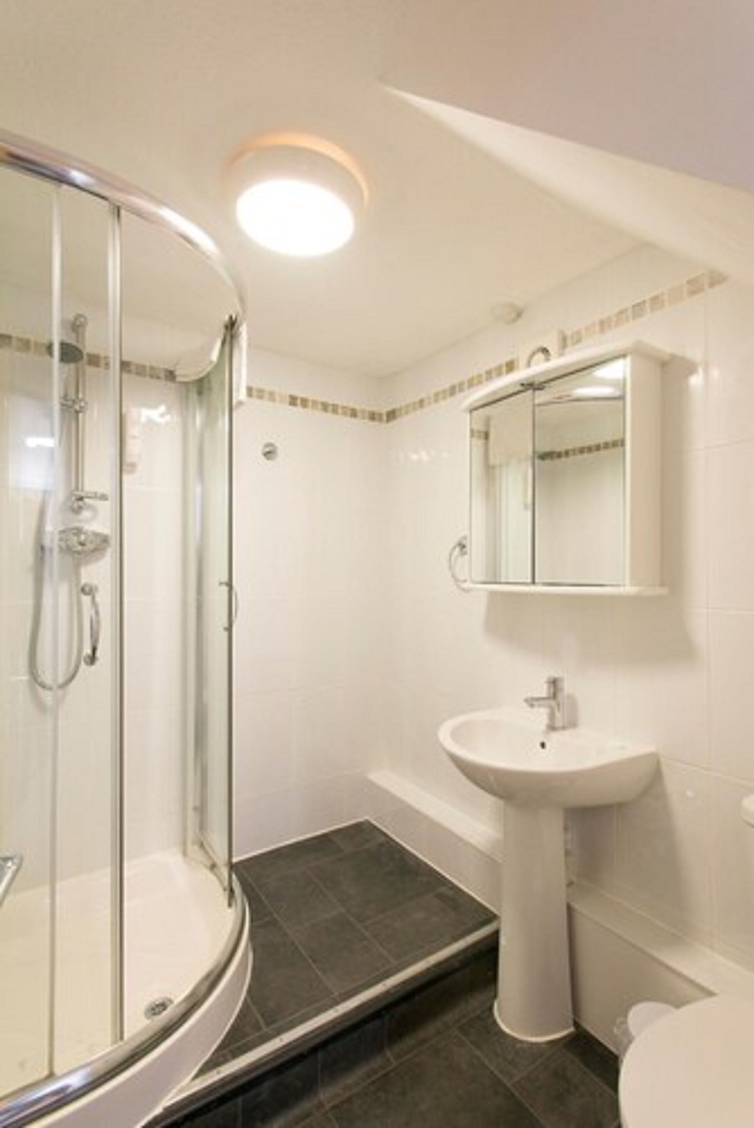 A modern bathroom with a glass-enclosed shower, a pedestal sink, and a toilet.
