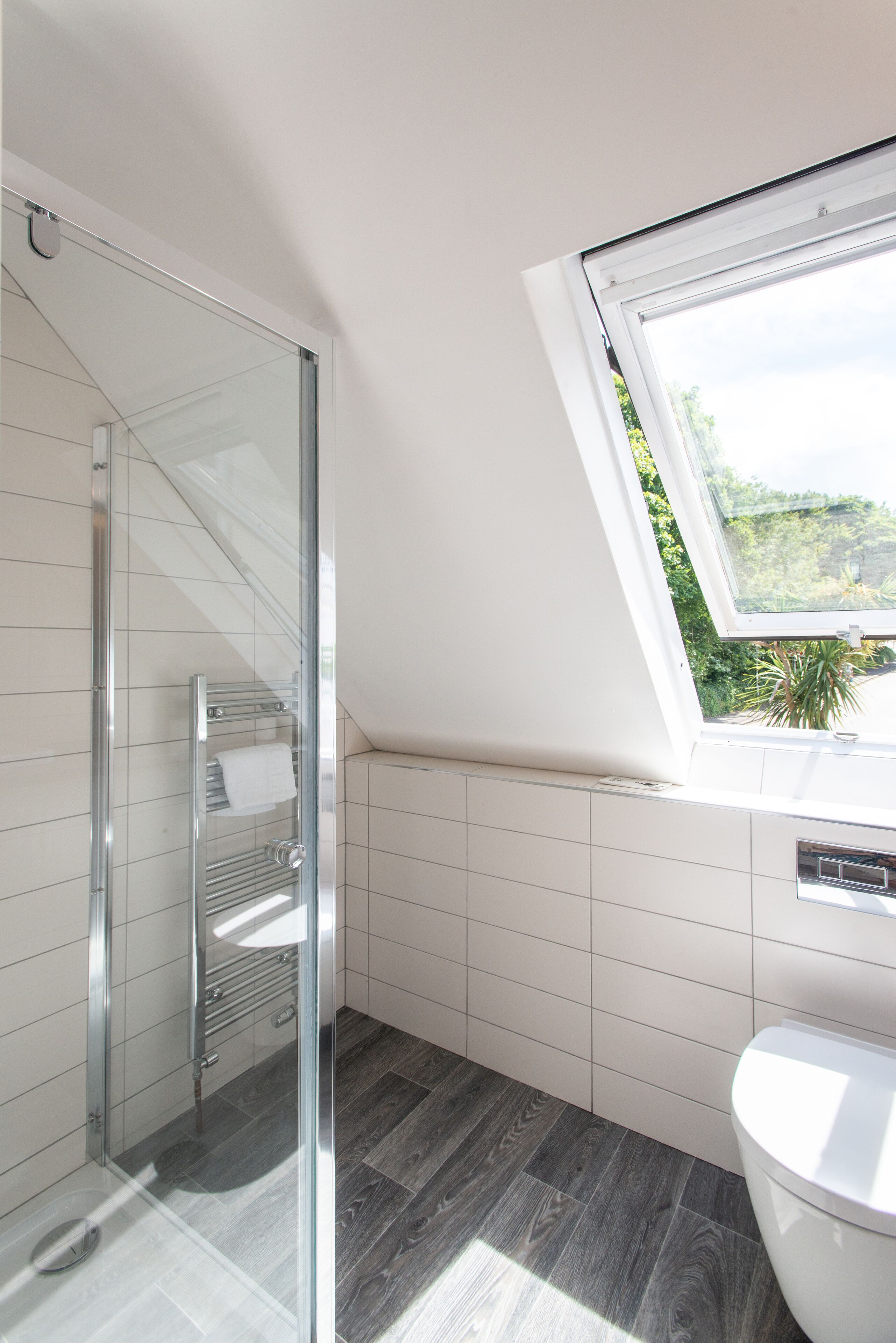 A modern bathroom with a glass shower enclosure, a white toilet, and a skylight.