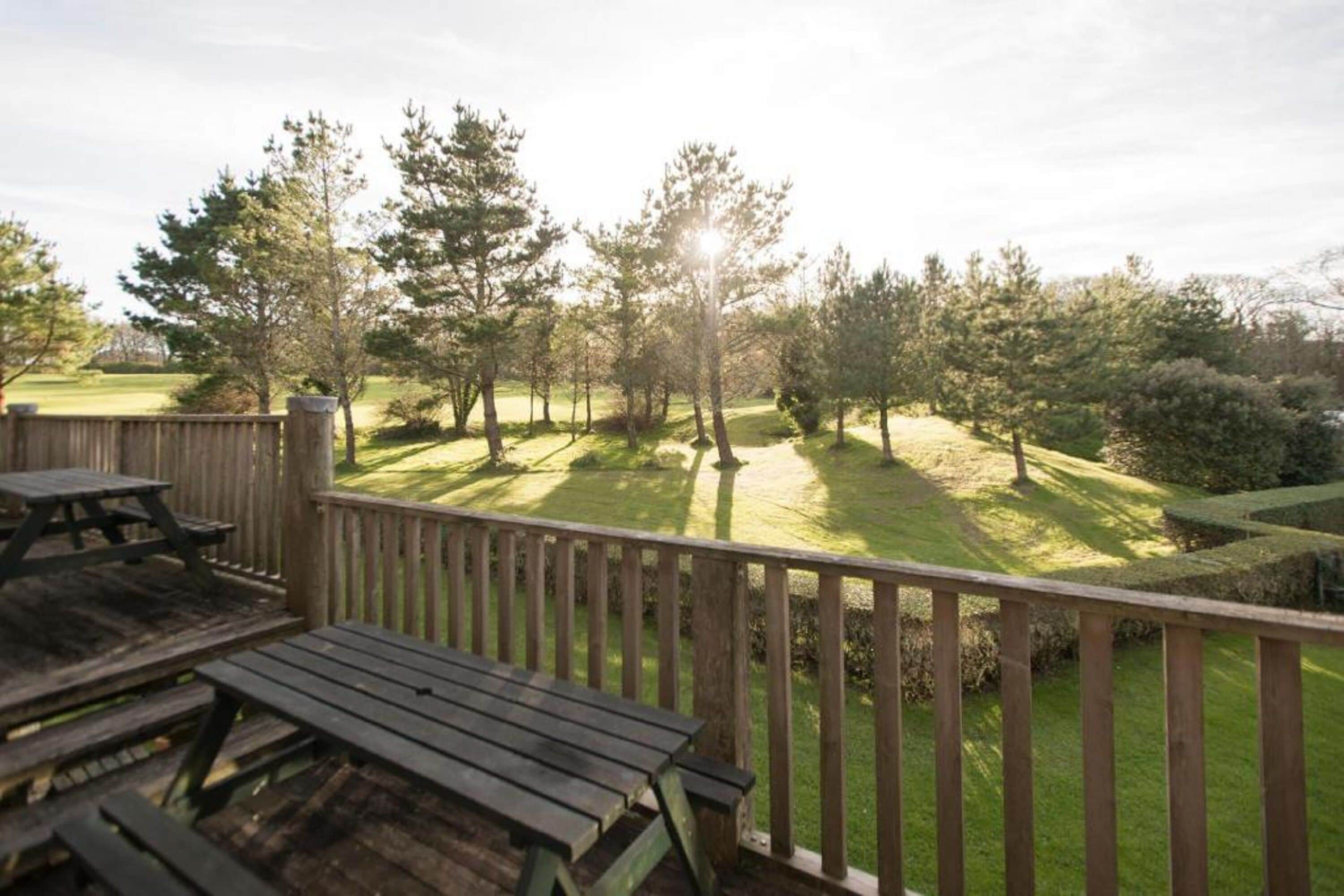 A wooden deck with picnic tables overlooking a well-maintained lawn with trees and a clear sky.