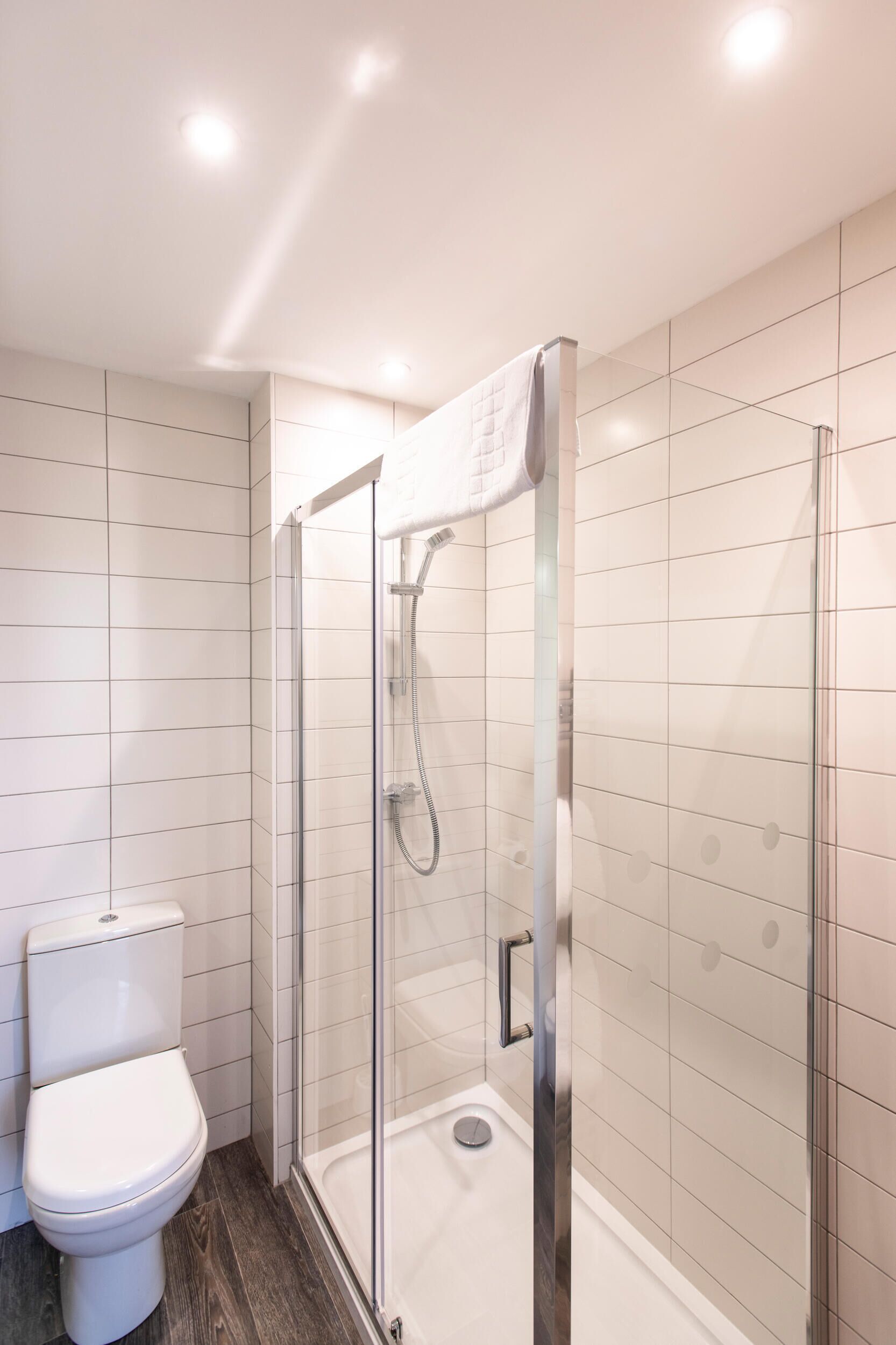 Een moderne badkamer met een glazen douchecabine, een toilet en betegelde wanden.