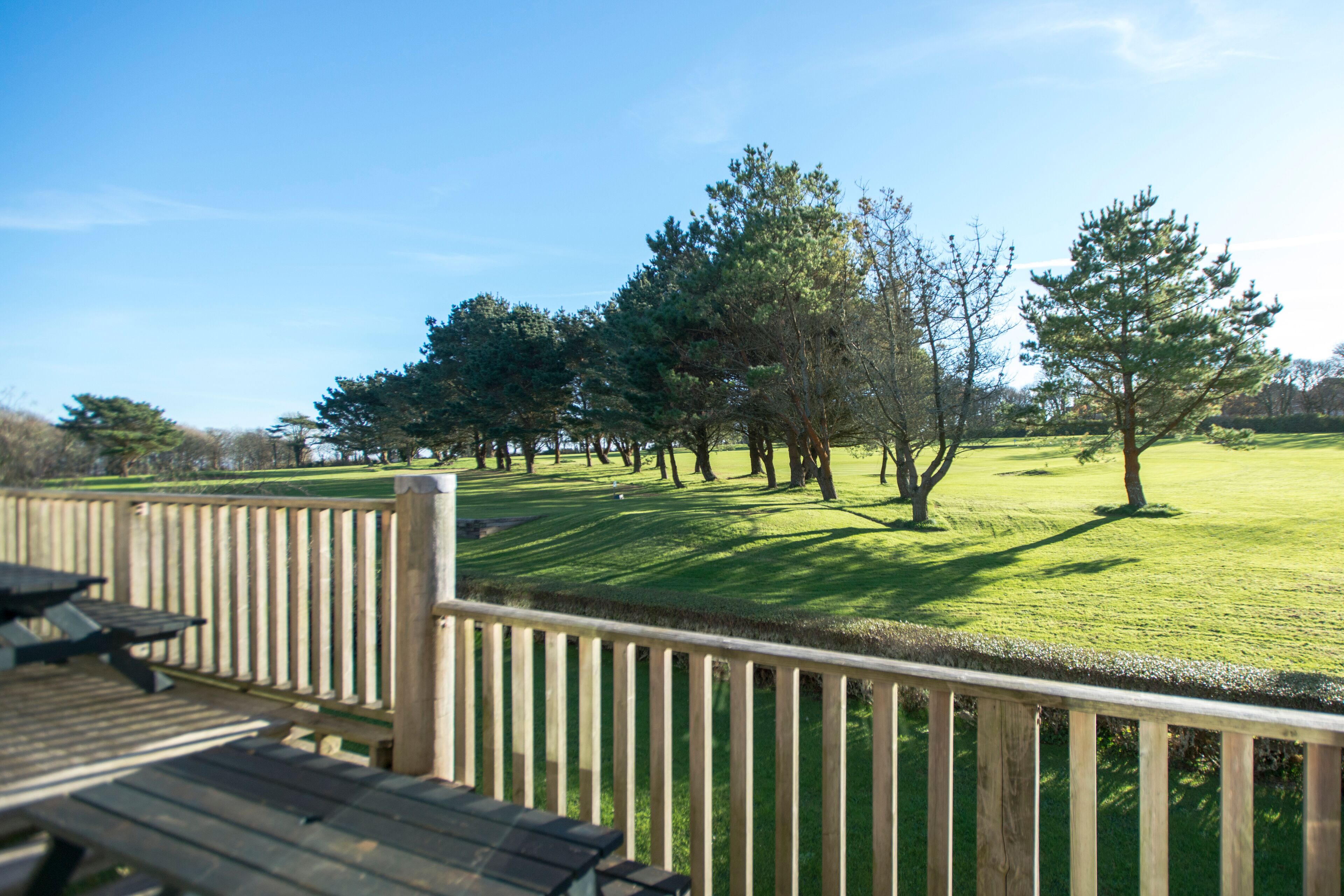 A wooden deck with picnic tables overlooking a grassy area with trees.