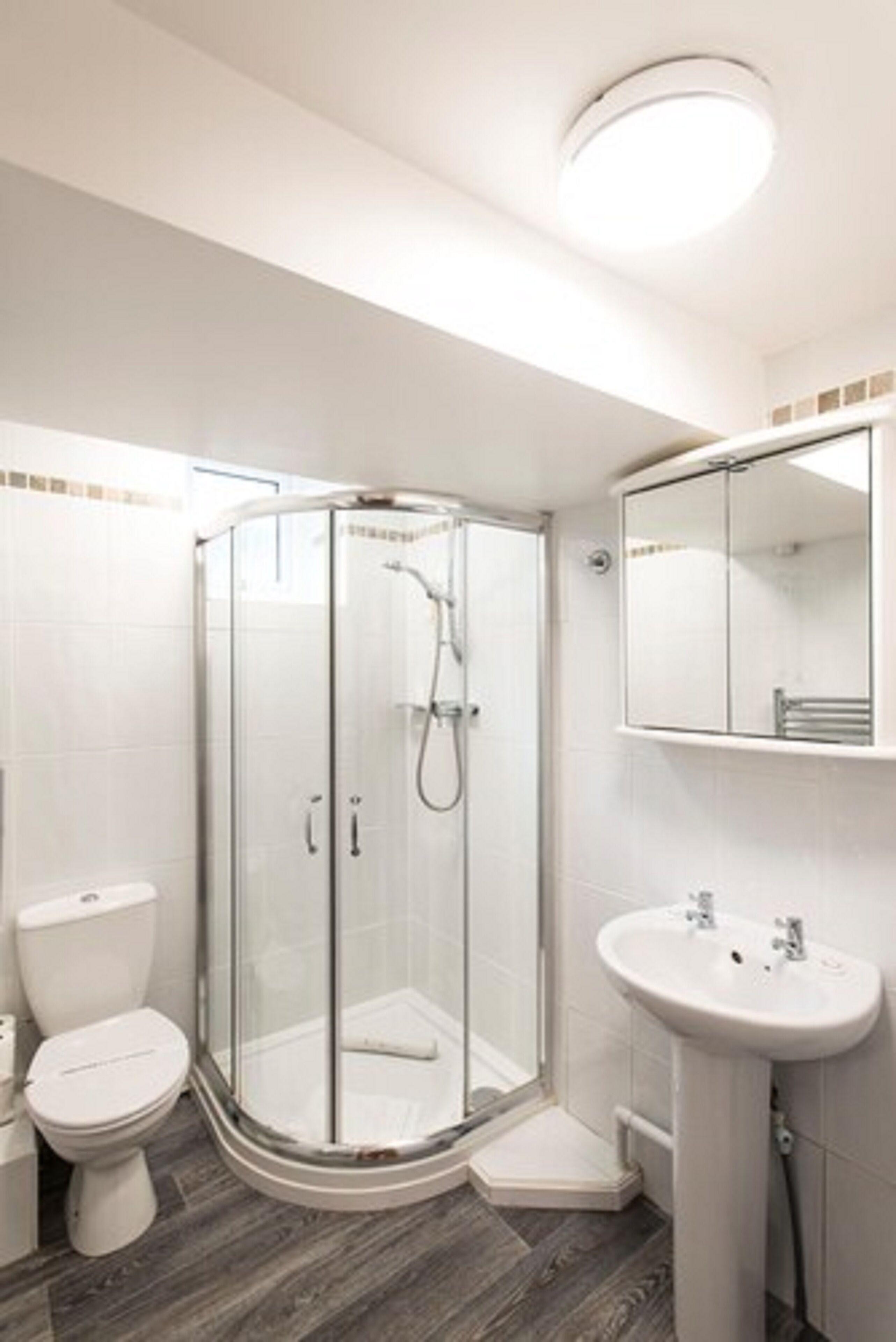 A modern bathroom with a glass-enclosed shower, a white toilet, and a sink with a mirror above it.
