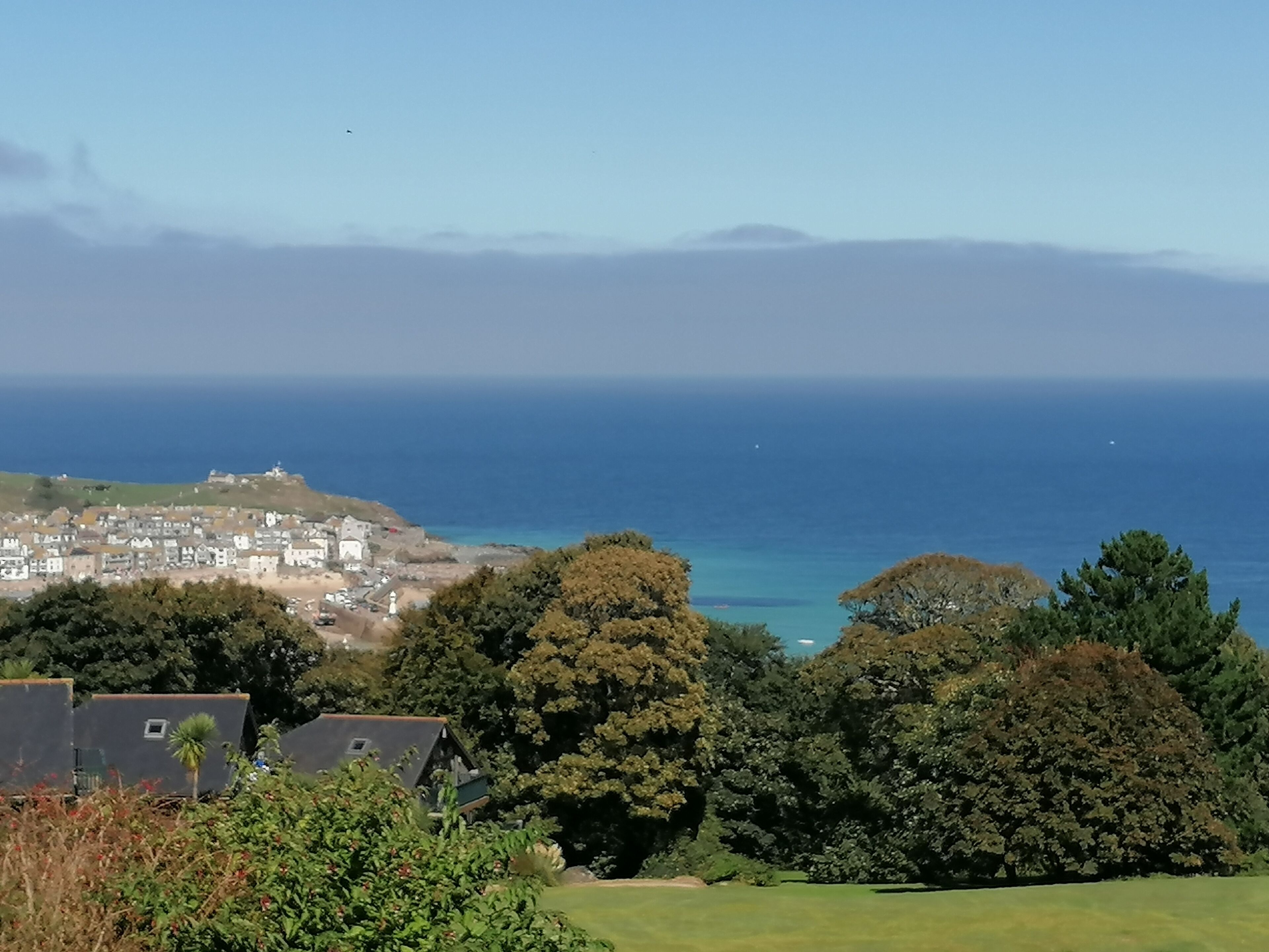 A coastal town with buildings and trees in the foreground, and the ocean in the background.