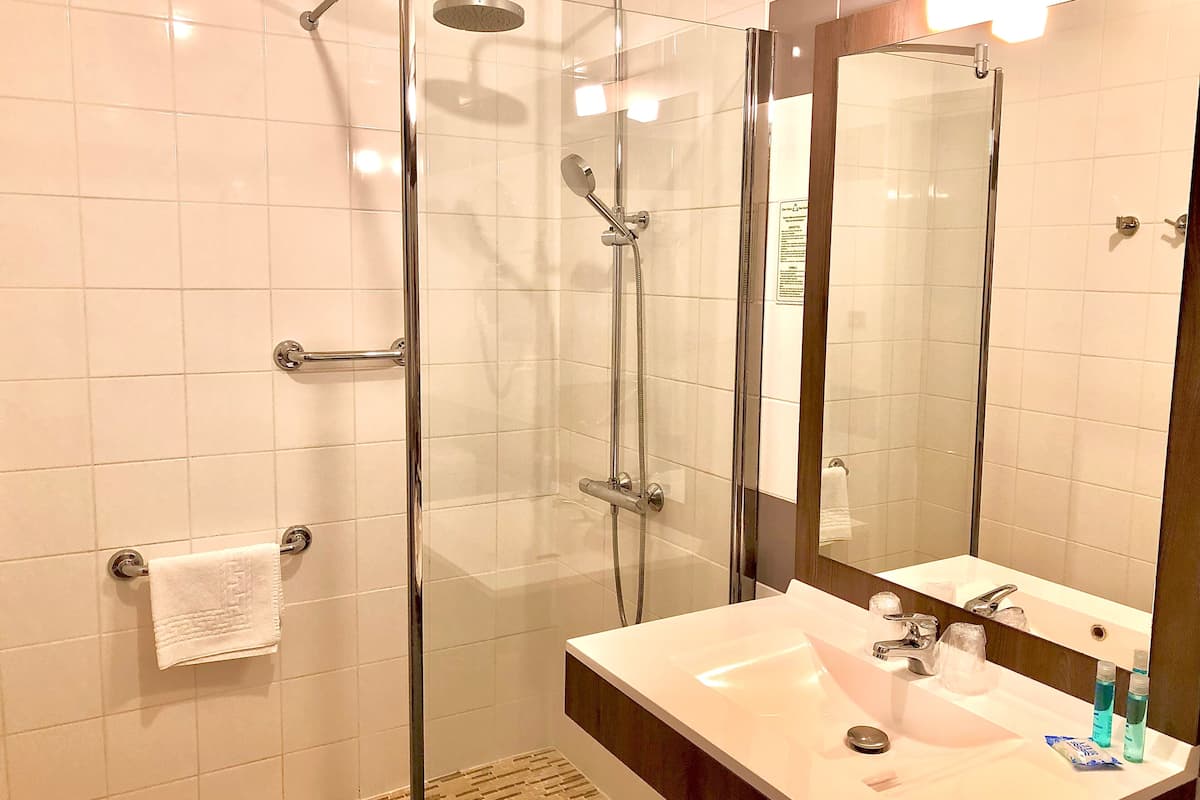 combined shower/bathtub, free toiletries, hair dryer, towels