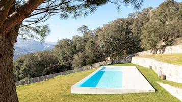 Seasonal outdoor pool, pool umbrellas, pool loungers