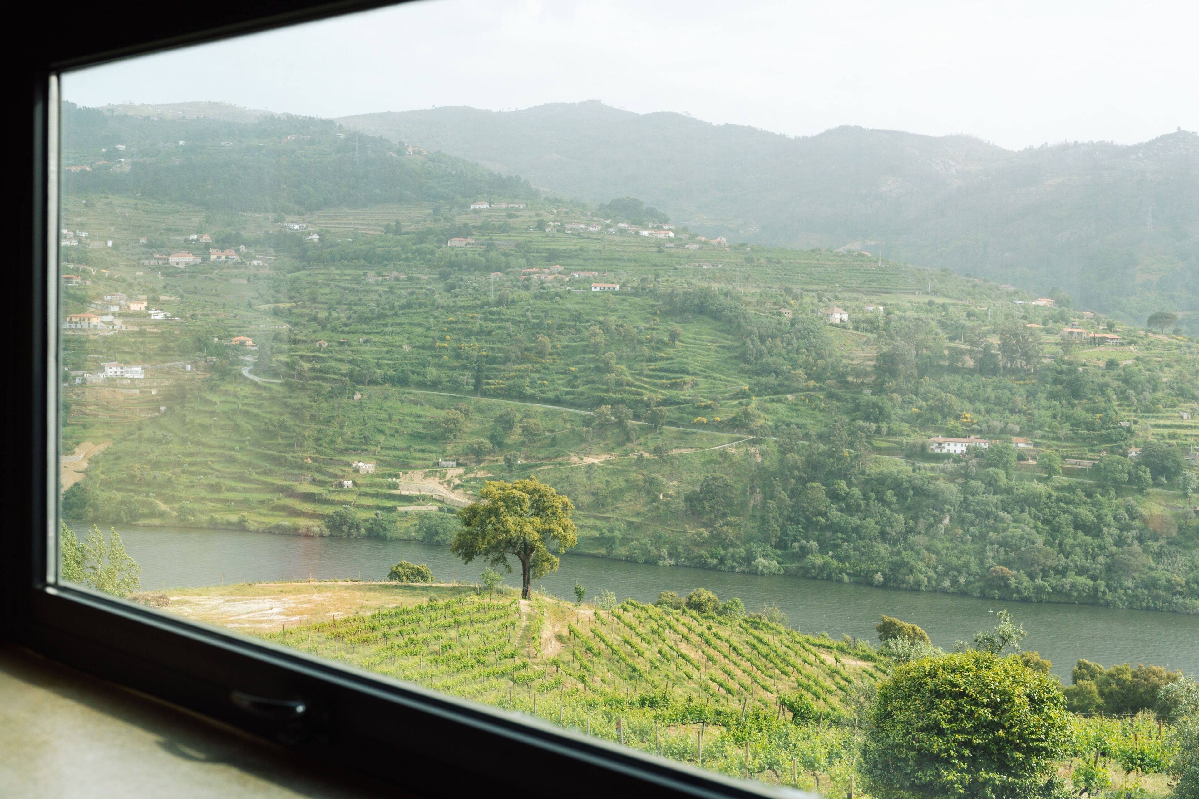 A view through a window of a valley with terraced fields and a river.