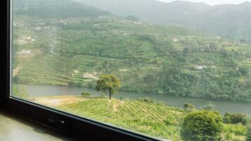 A view through a window of a valley with terraced fields and a river.