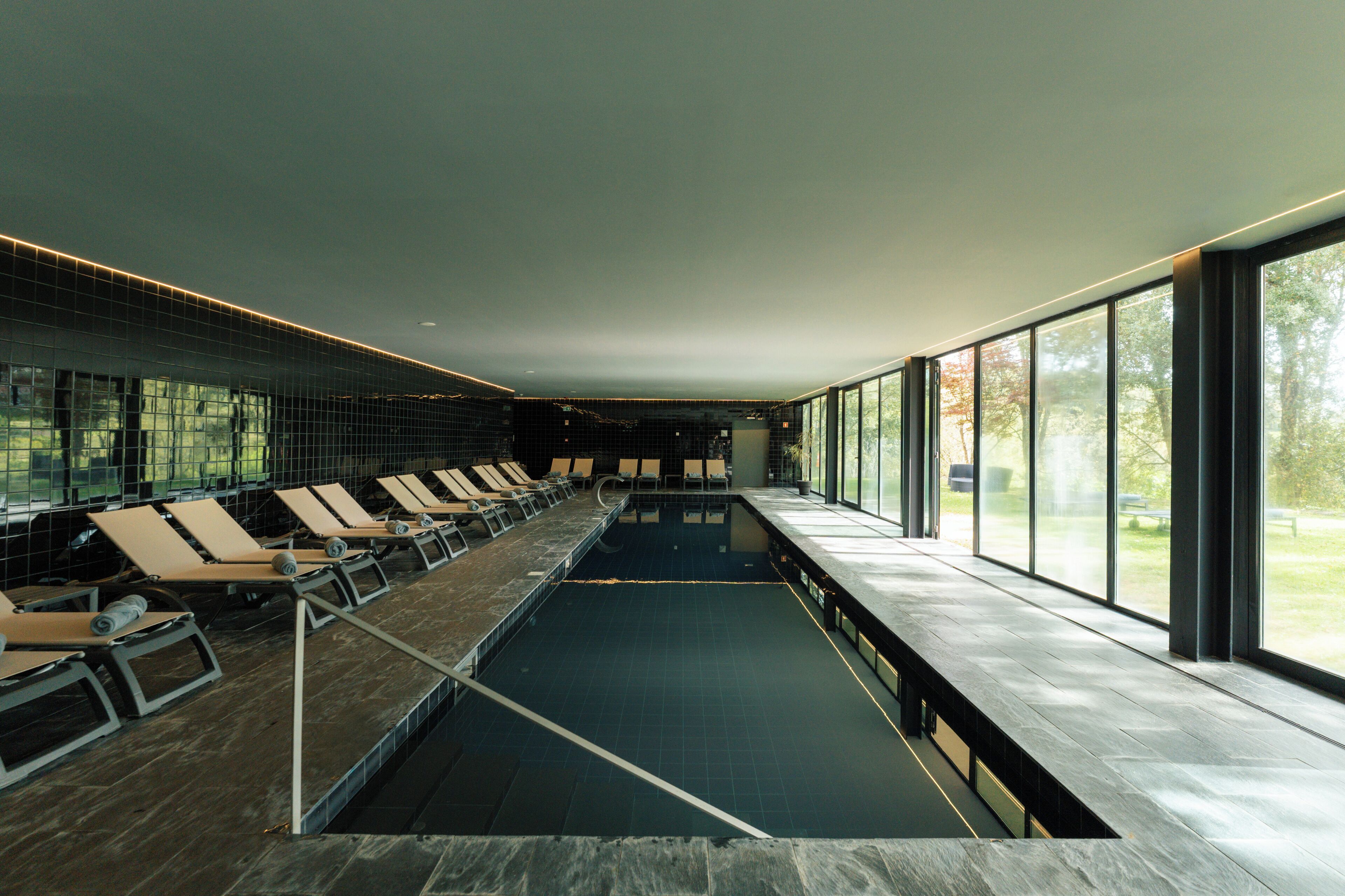 Seasonal outdoor pool, pool umbrellas, pool loungers