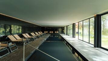 Seasonal outdoor pool, pool umbrellas, pool loungers