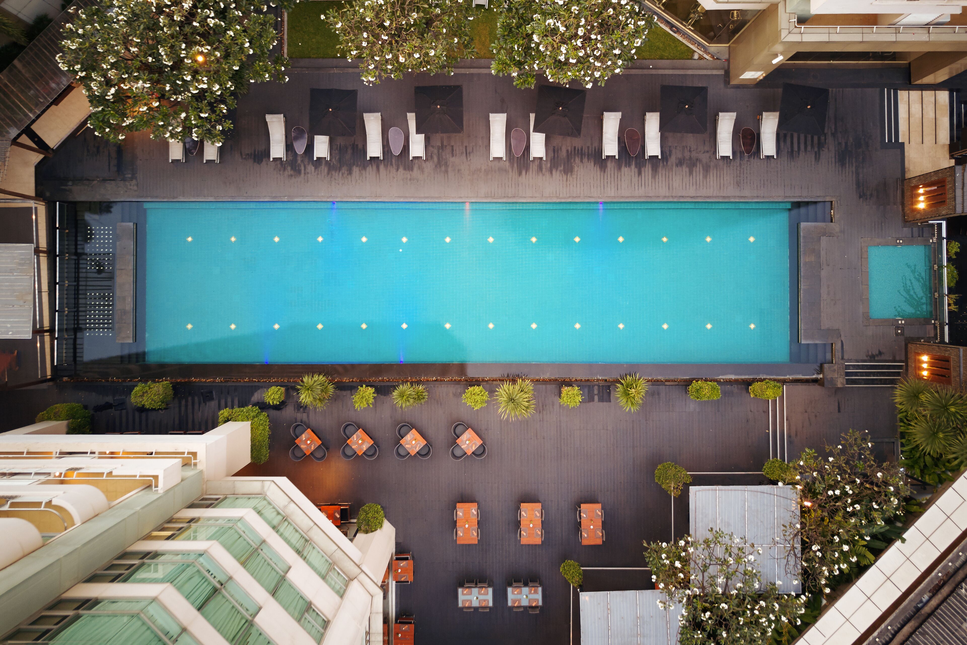 outdoor pool, pool umbrellas, pool loungers