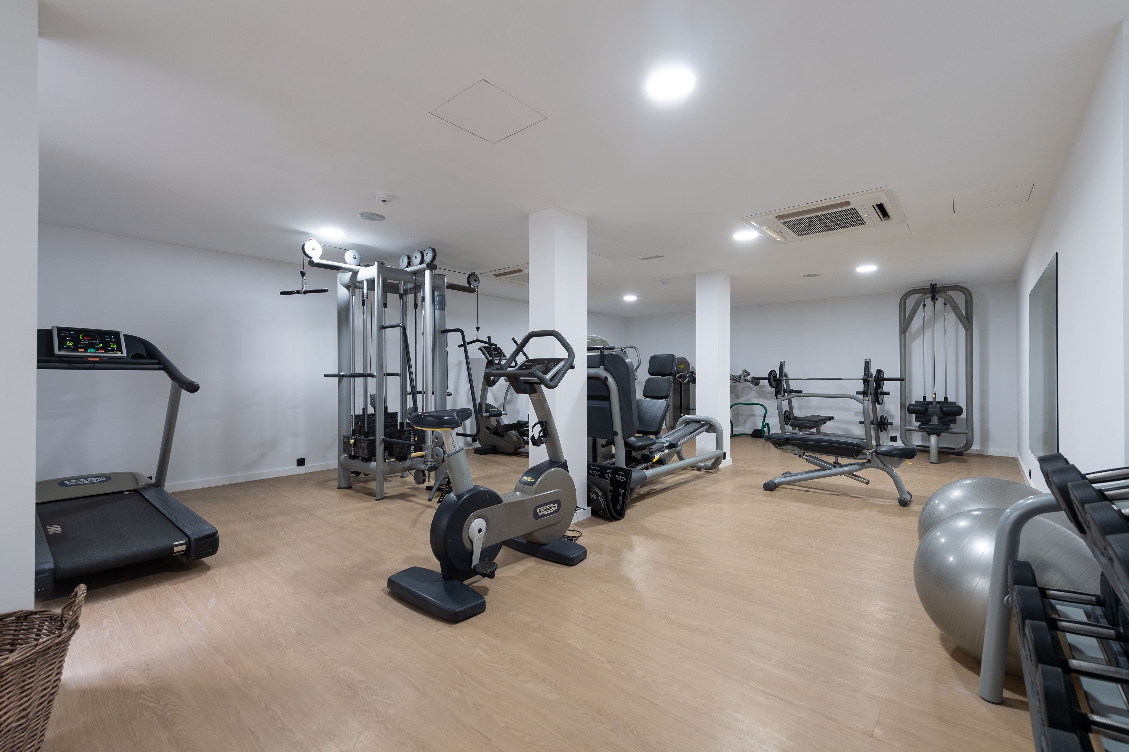 A gym with cardio machines, weight training equipment, and exercise balls.