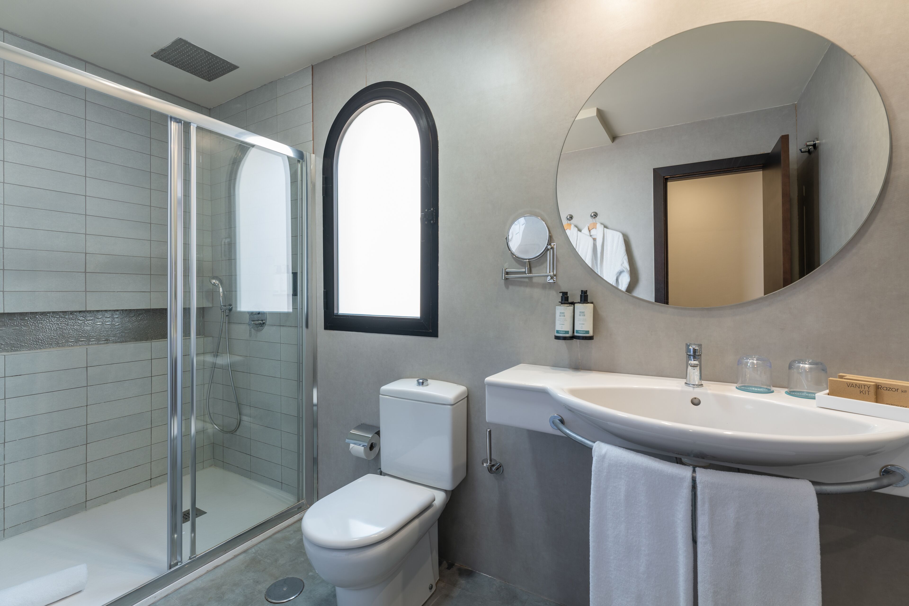 A modern bathroom with a glass-enclosed shower, a toilet, a sink with a mirror, and a towel rack.