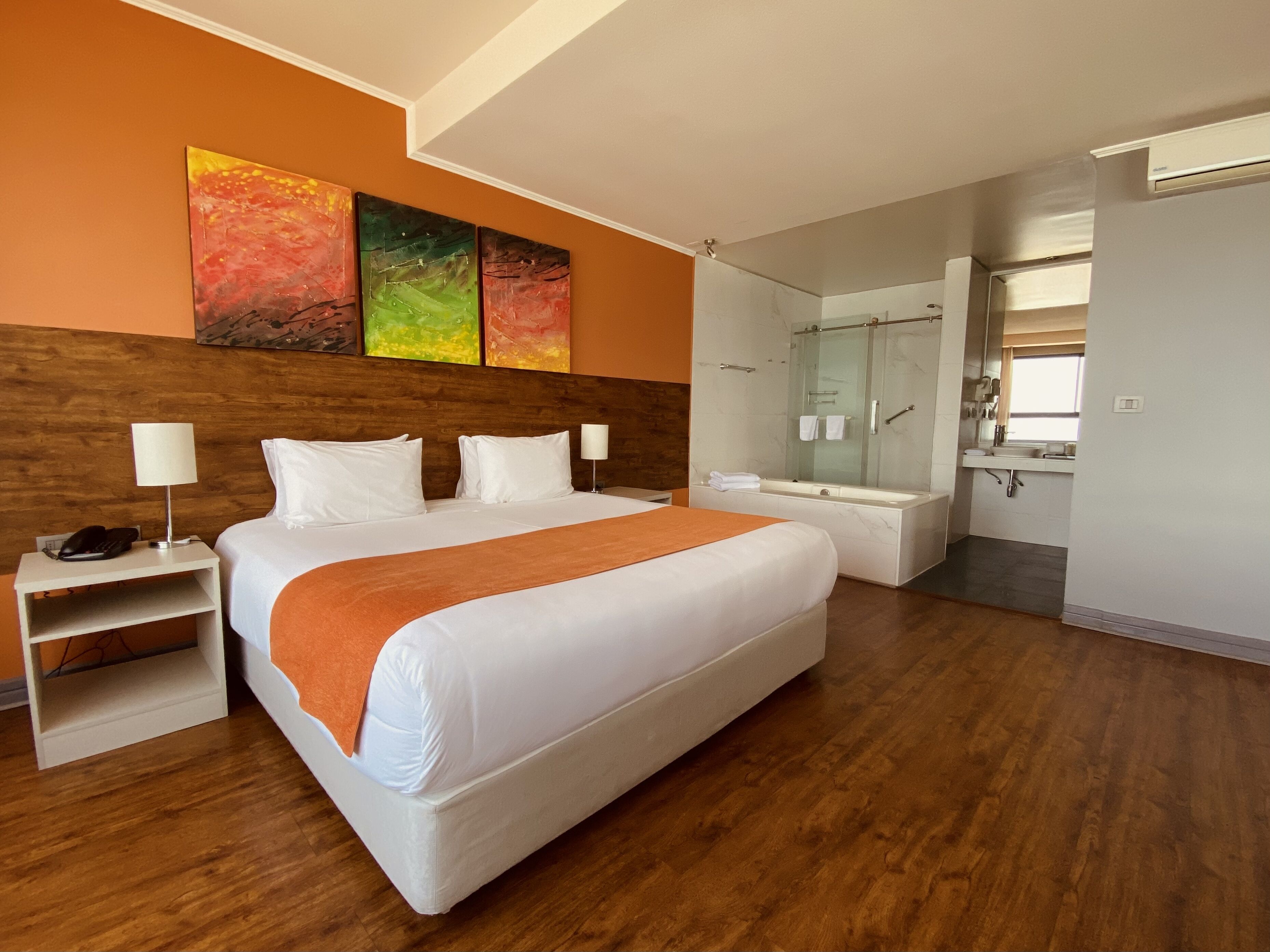 Una habitación de hotel moderna con una cama grande, una mesita de noche con lámpara, zona de ducha y baño con espejo.