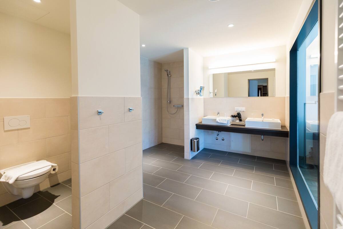 shower, free toiletries, hair dryer, towels