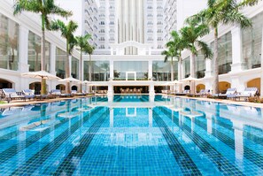 Outdoor pool, pool umbrellas, pool loungers