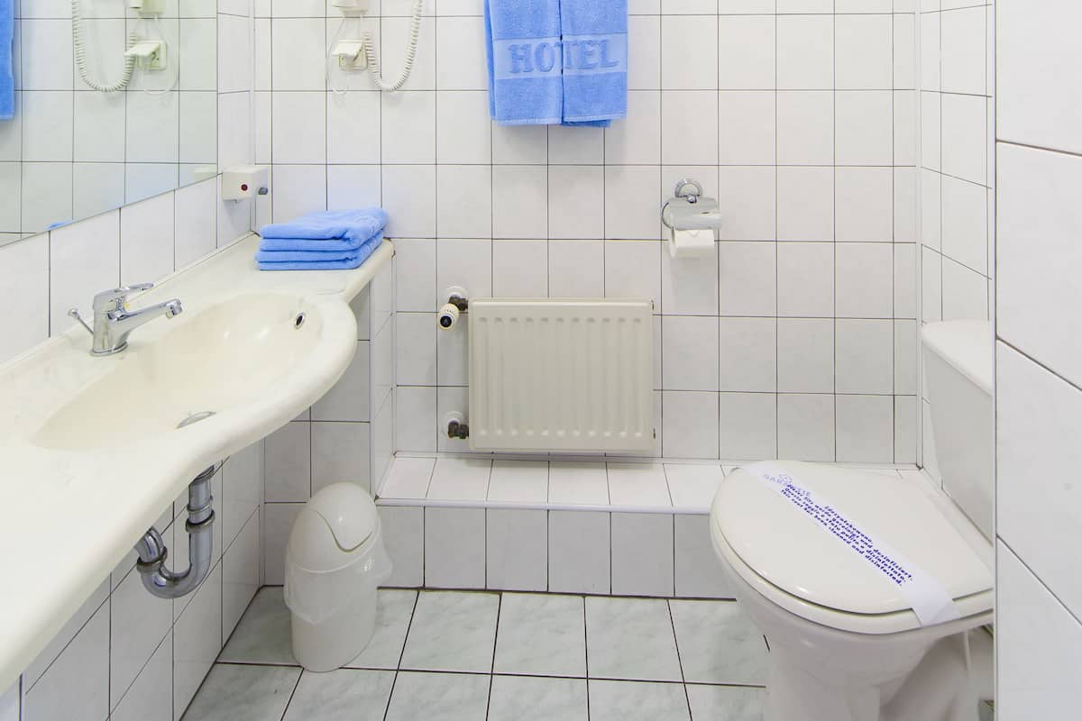 standard twin room | bathroom | shower, free toiletries, hair dryer, towels