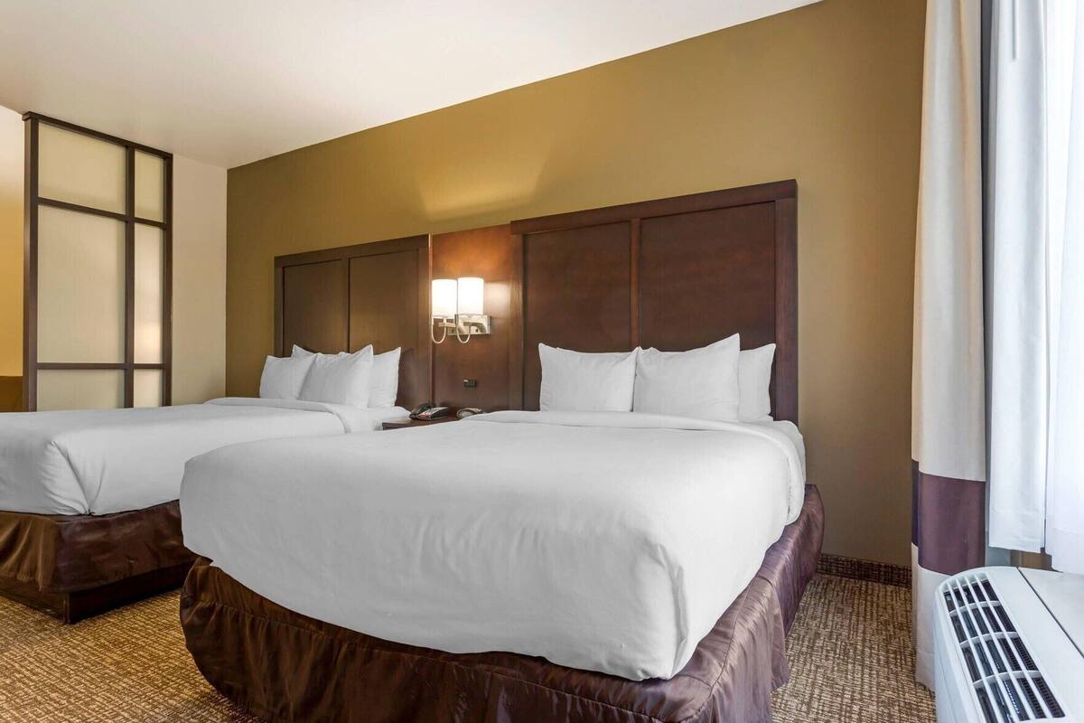 Premium bedding, desk, laptop workspace, blackout curtains
