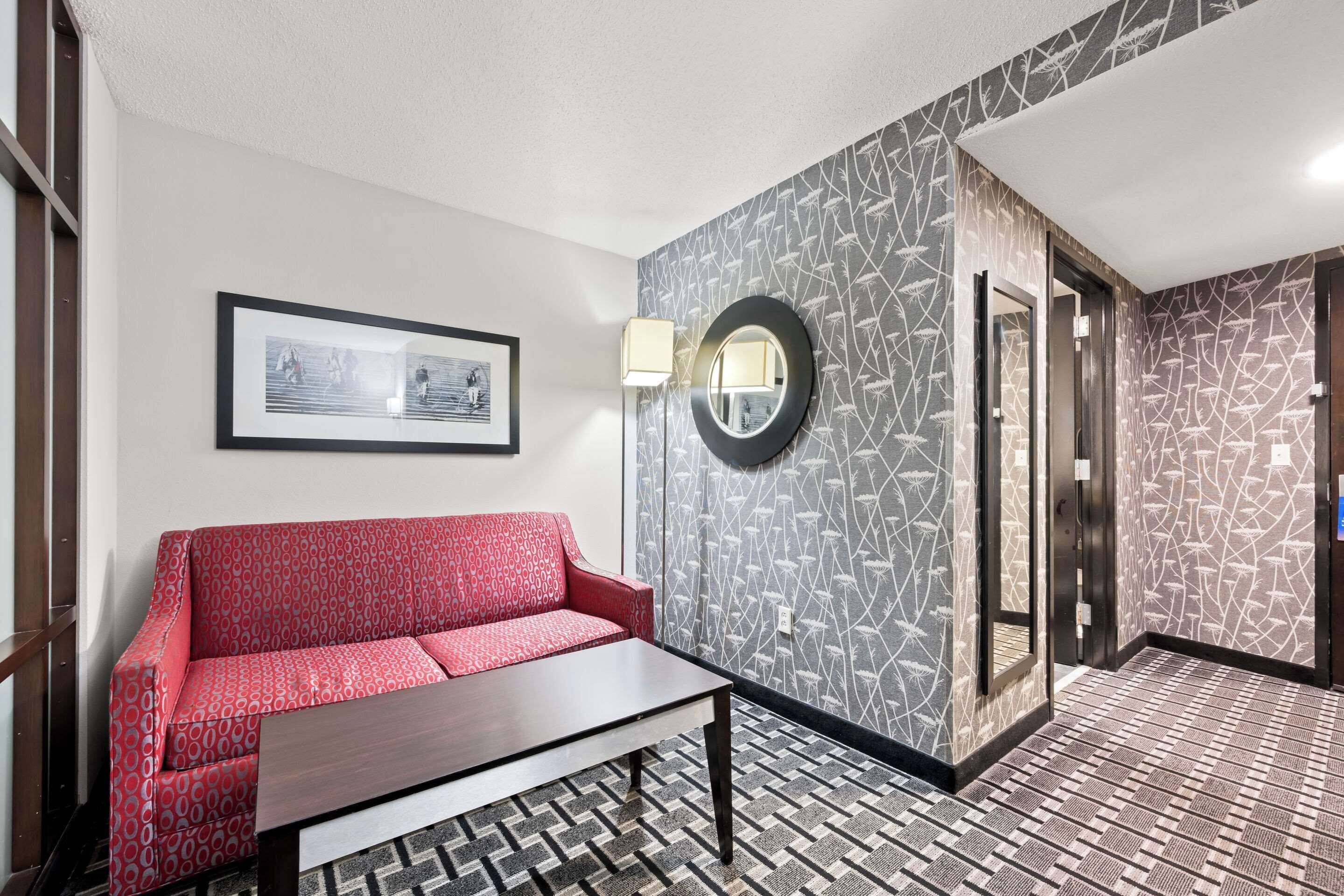 desk, laptop workspace, blackout curtains, iron/ironing board