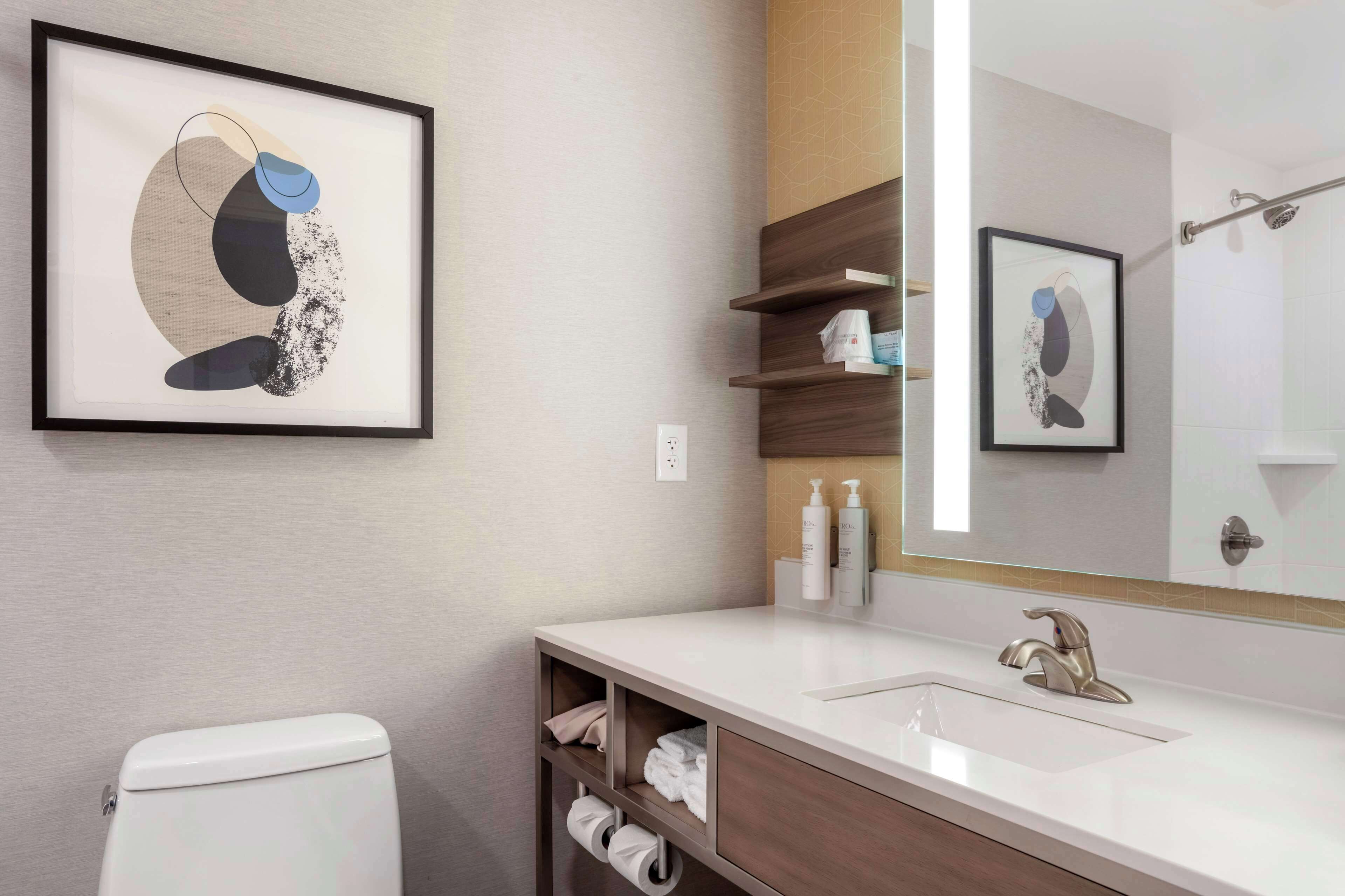 combined shower/bathtub, hair dryer, towels, soap