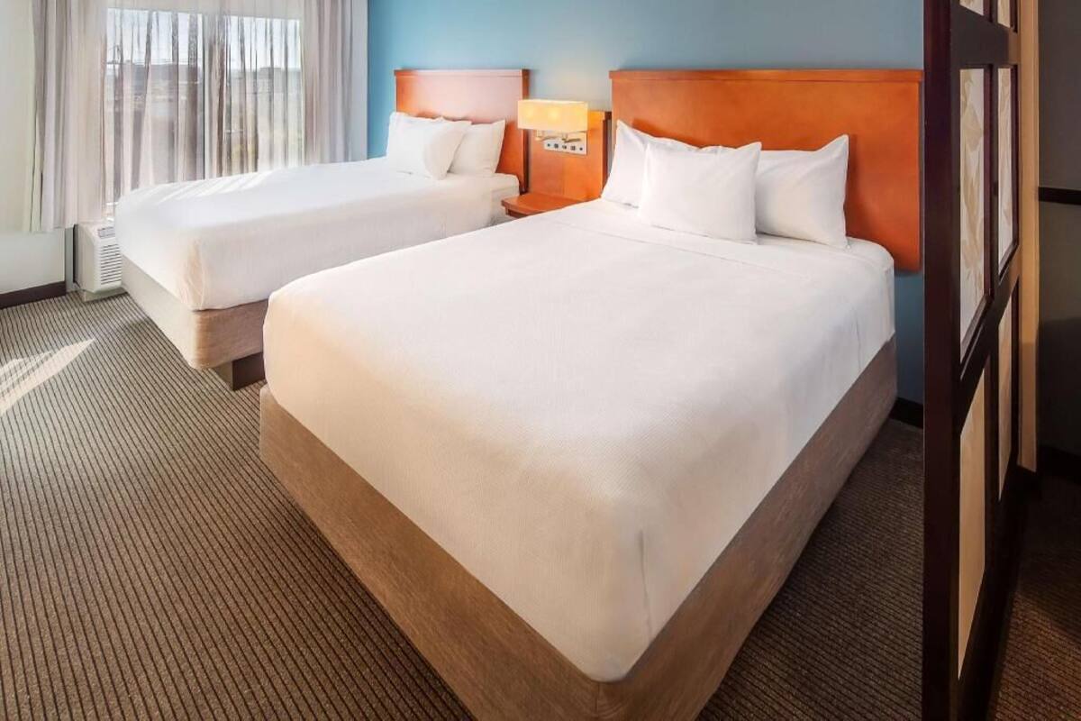 A hotel room with two beds, a nightstand with a lamp, a view of the outdoors through a window, and a carpeted floor.