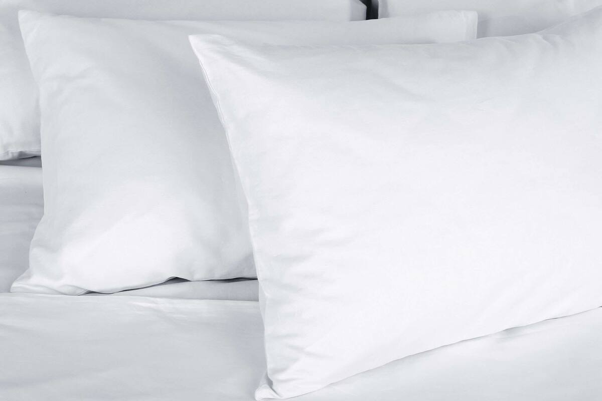 Two white pillows on a bed.