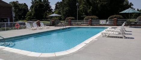 Una piscina rectangular con borde blanco, rodeada por una solana de hormigón. Hay sillas de descanso y sombrillas blancas alrededor de la piscina. Se ve una valla con un cartel que dice 'No Diving Allowed'. Árboles y un edificio con un cartel que dice 'No Diving Allowed' se ven al fondo.