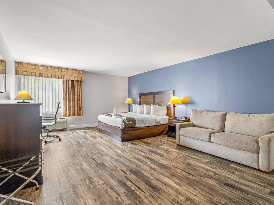 Ett hotellrum med en säng, en soffa, ett skrivbord och en stol.