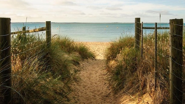 A sandy beach path leading to the sea, bordered by wooden posts and wire fencing. - Kaloha Holiday Resort (Cowes)