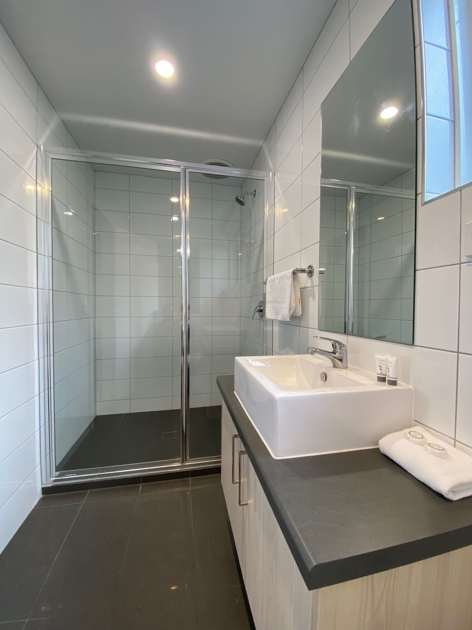 Un baño moderno con ducha de vidrio, un lavamanos grande y blanco, y un espejo.