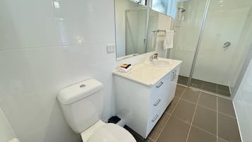 A modern bathroom with a white toilet, a sink with a mirror above it, and a shower area.