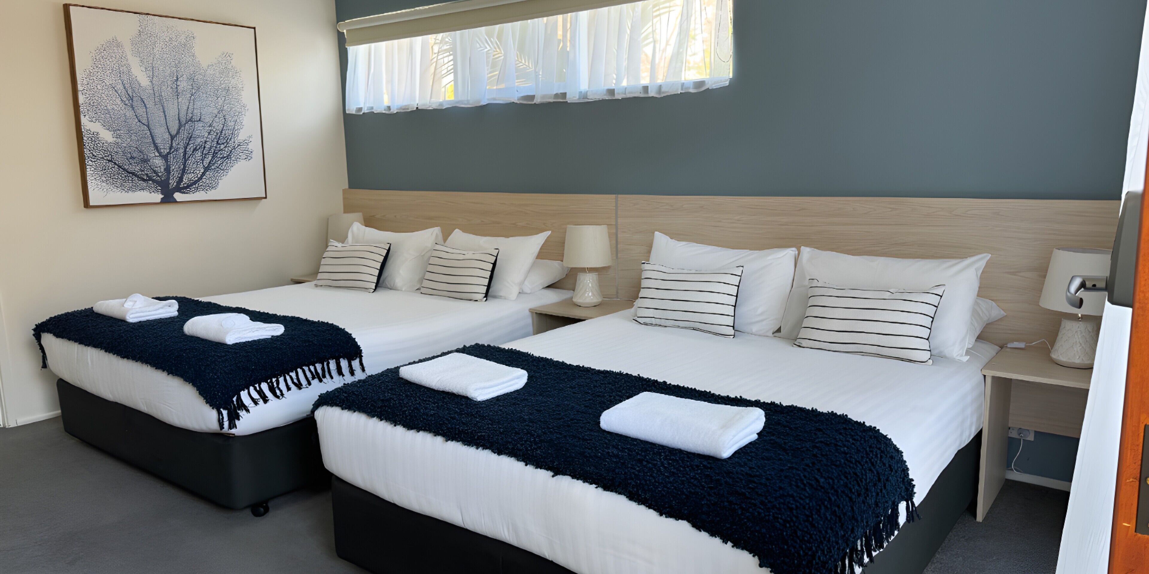 family room with two queen beds | 1 bedroom, premium bedding, laptop workspace, soundproofing