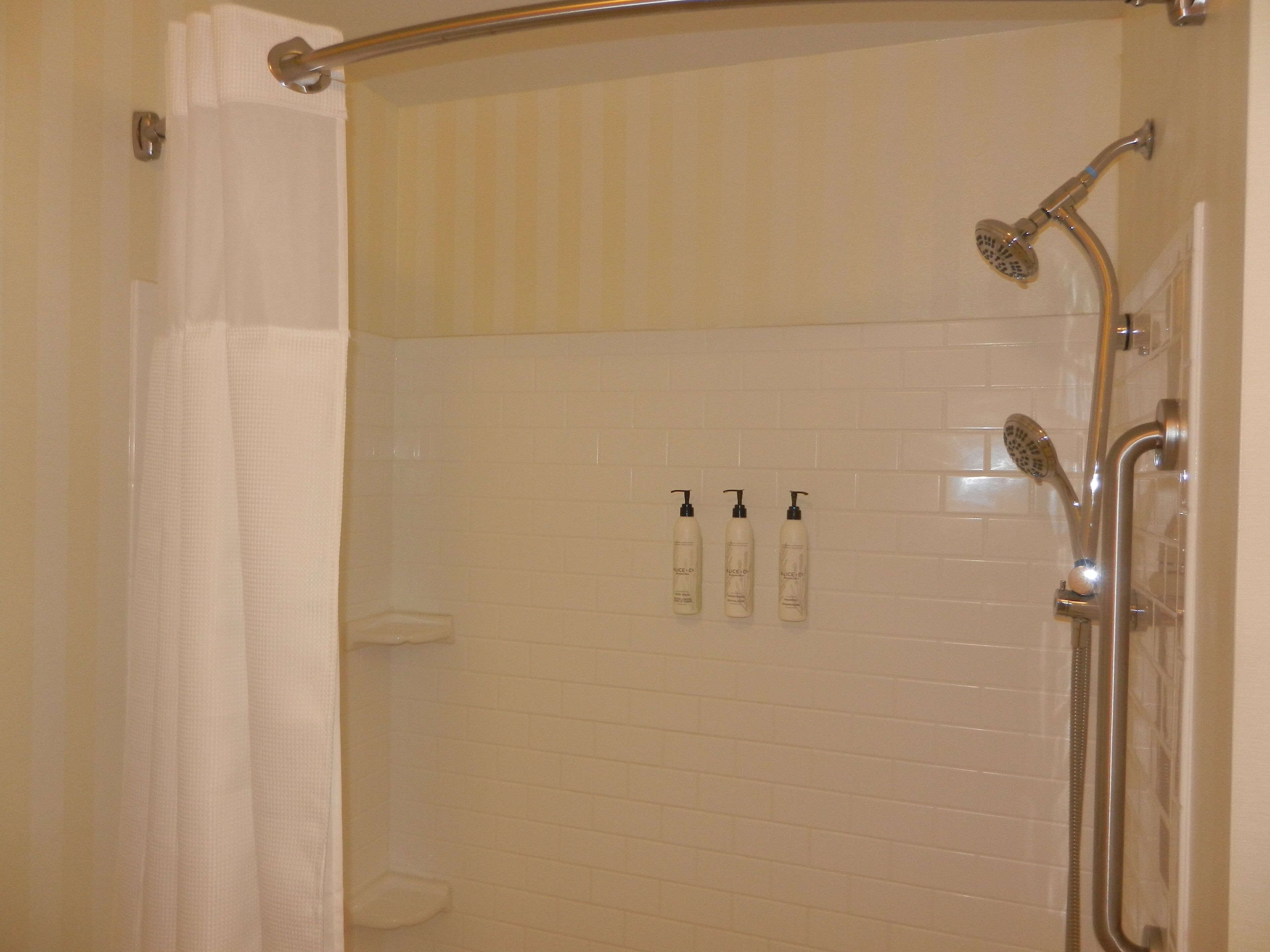 combined shower/bathtub, free toiletries, hair dryer, towels