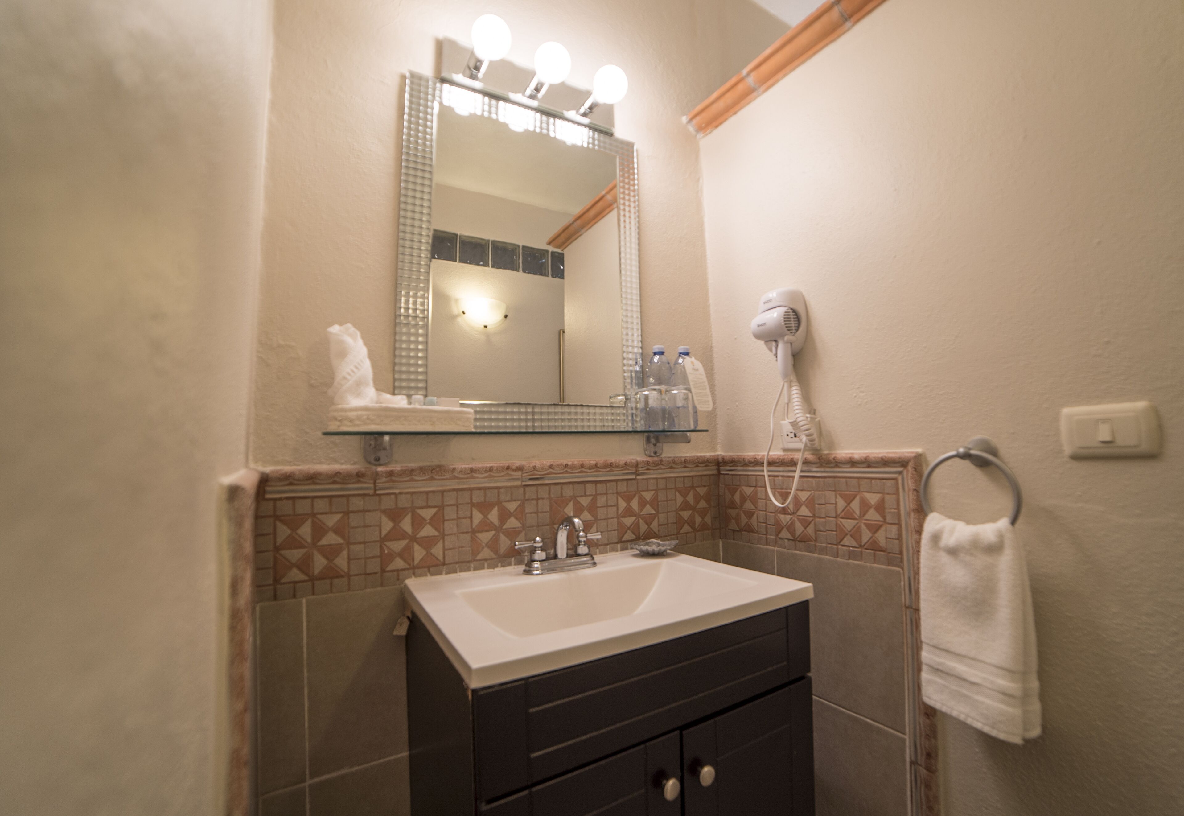 A bathroom with a sink, mirror, and hairdryer.
