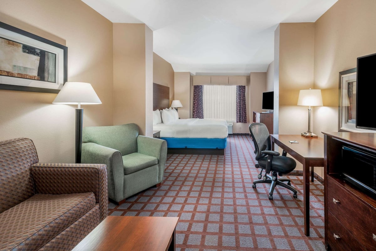 A hotel room with a bed, a green armchair, a brown sofa, a desk with a computer, and a television.