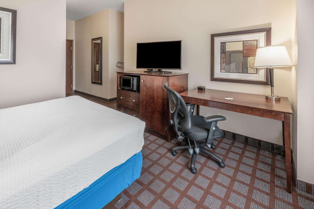 A hotel room with a bed, a desk with a television, a chair, a microwave, and a lamp.