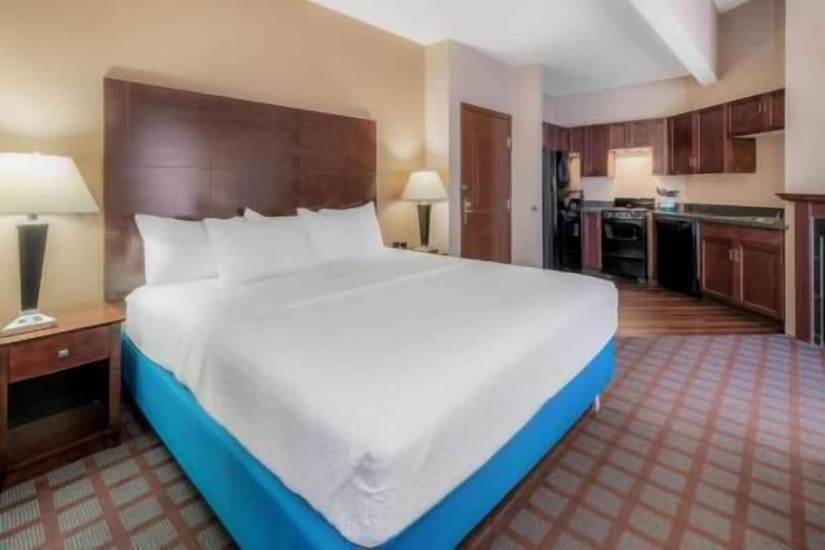 Premium bedding, desk, laptop workspace, blackout drapes