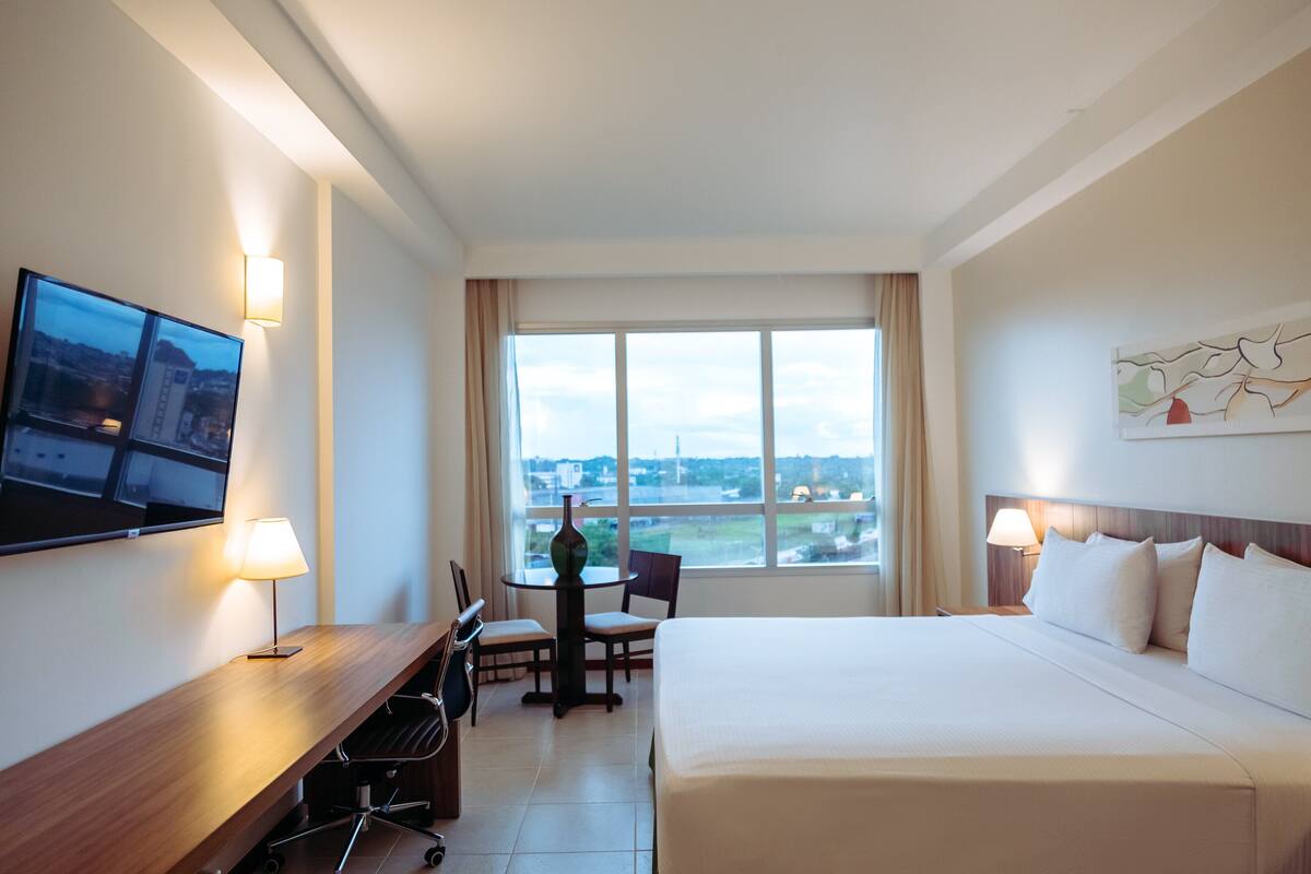 A hotel room with a bed, a desk, a chair, a TV, and a window with a view.