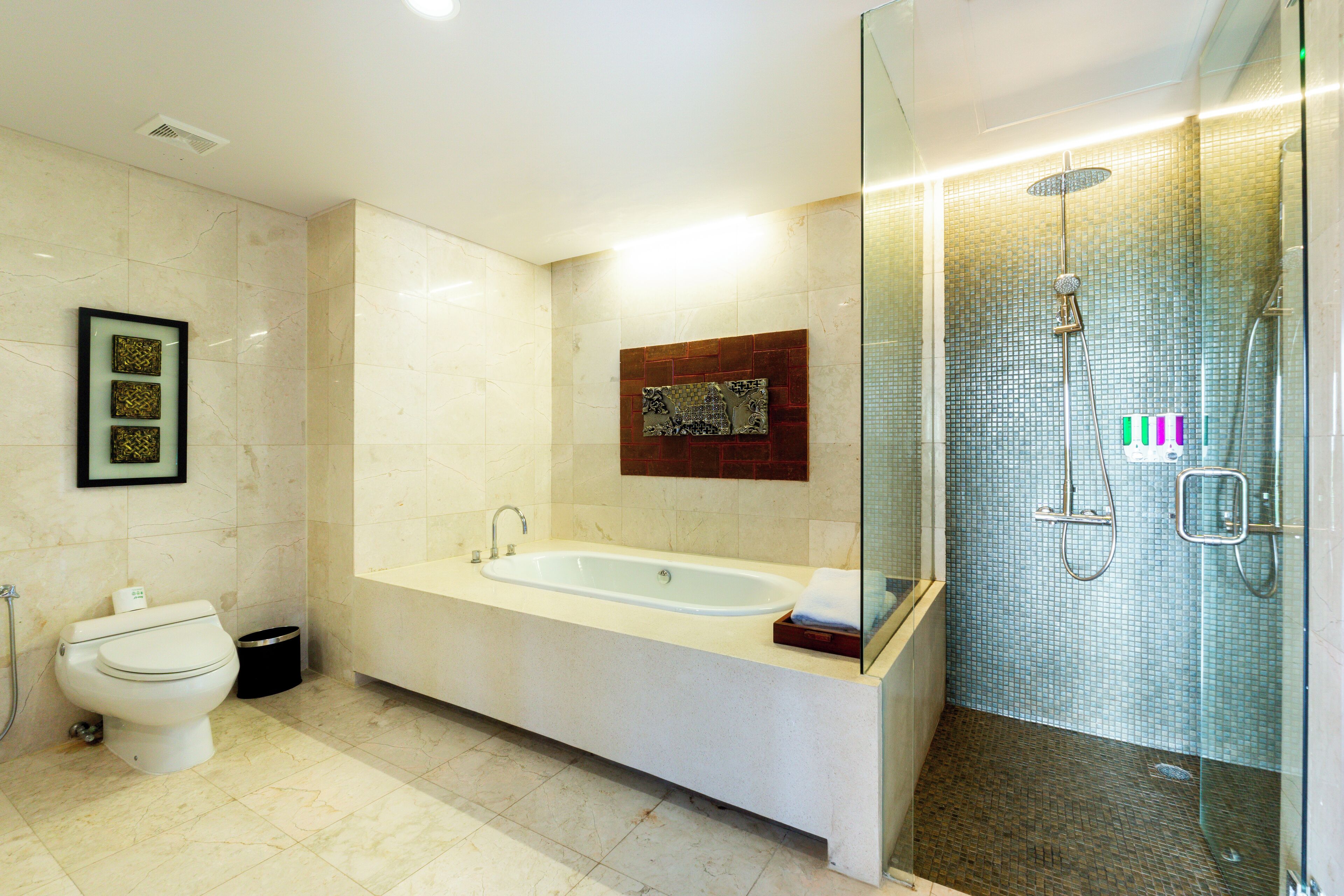 Un baño moderno con una bañera grande, una ducha con cerramiento de vidrio y un inodoro.