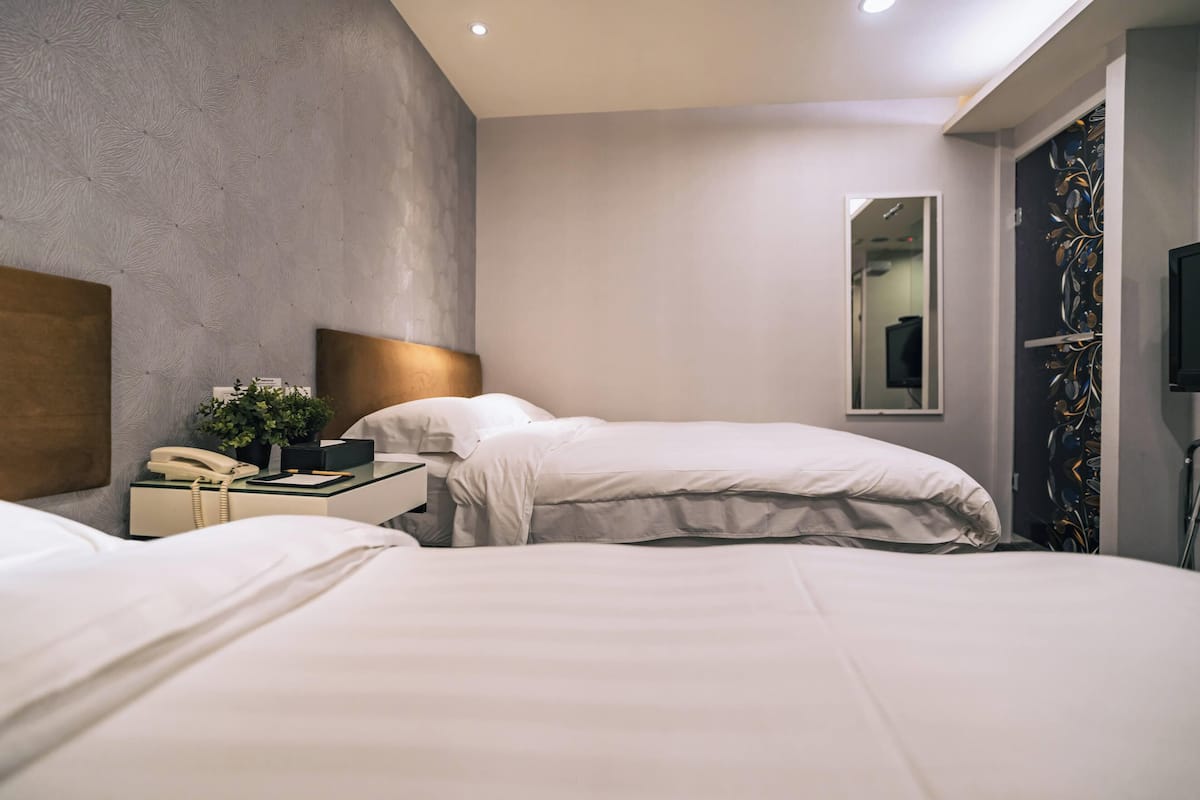 A hotel room with two beds, a bedside table with a phone and a plant, a mirror, and a TV mounted on the wall.