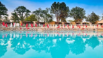 Seasonal outdoor pool, pool umbrellas, pool loungers