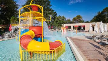 Un parco acquatico con uno scivolo d'acqua multicolore, una piscina e aree relax con ombrelloni.