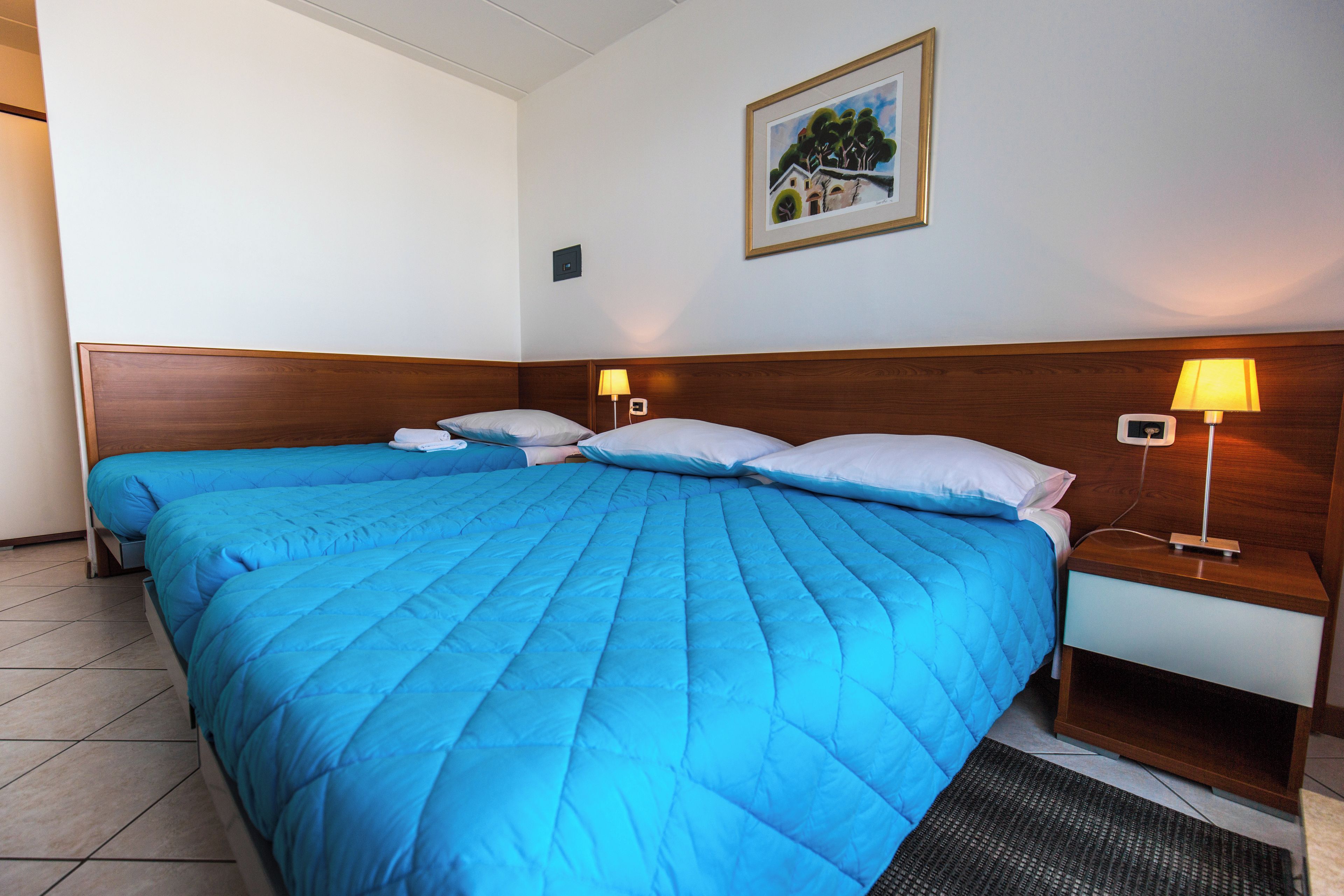 A hotel room with a large bed, two bedside tables, a nightstand, a lamp, and a painting on the wall.