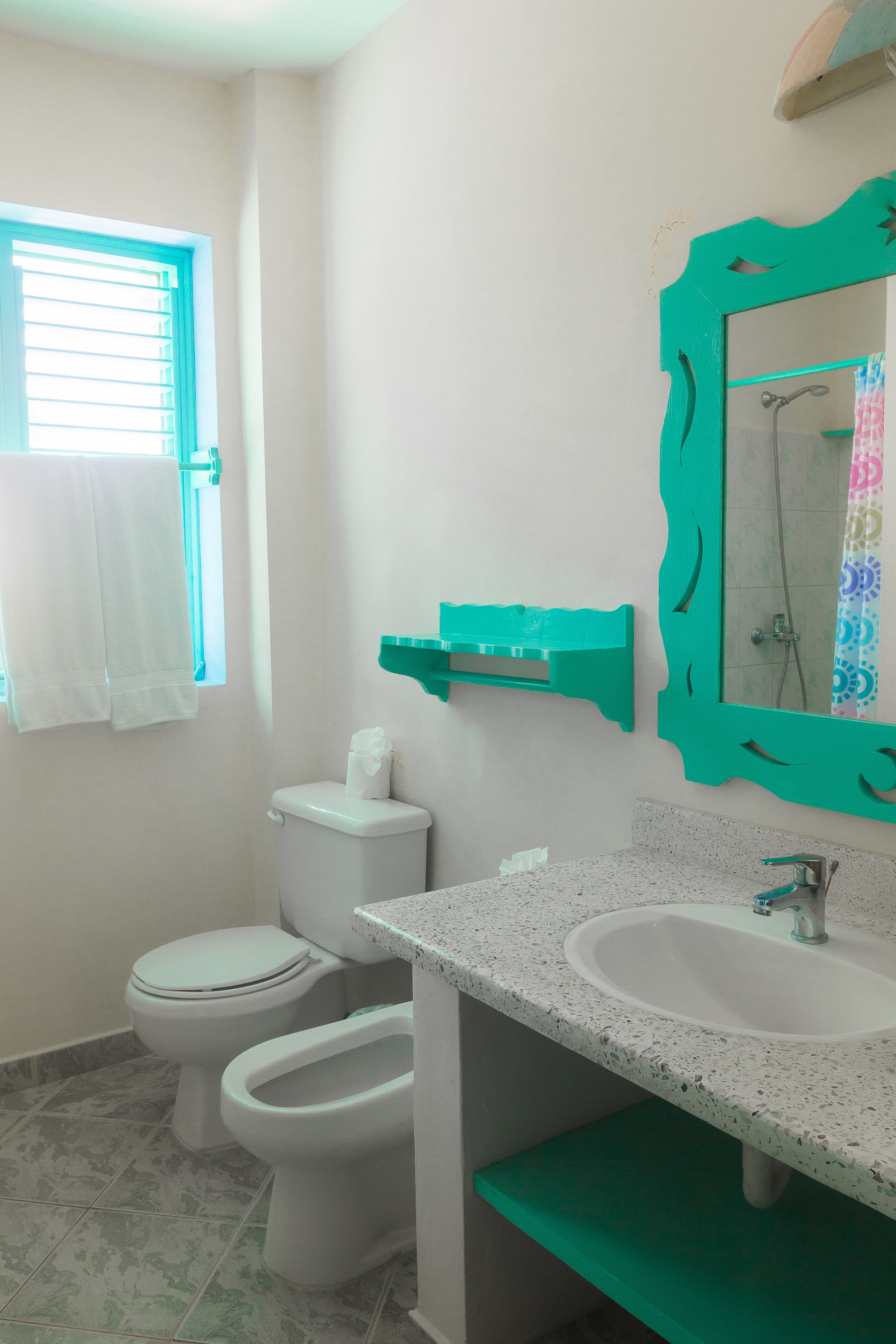A bathroom with a toilet, bidet, sink, and a mirror with a teal frame.